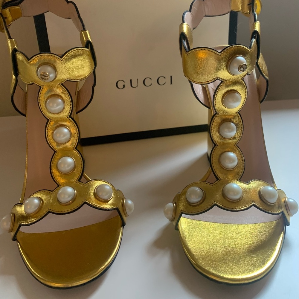 Gucci gold metallic heels with pearl & GG detailing